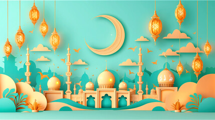 Ramadan Scenery with Mosque and Floating Lanterns in an Orange Sky