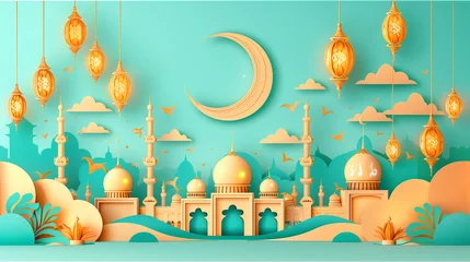 Foto op Plexiglas Ramadan Scenery with Mosque and Floating Lanterns in an Orange Sky © Taskmanager