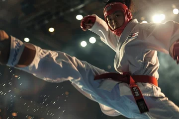 Tuinposter Dynamic Karate Competitor Delivering a High Kick in a Dojo © KirKam