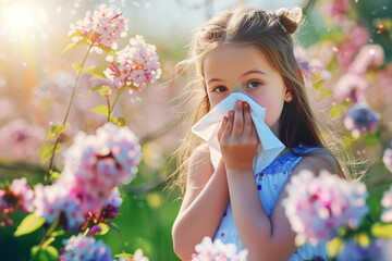 A little girl experiencing an allergic reaction, sneezing into a tissue among blooming spring flowers in a sunlit garden. - obrazy, fototapety, plakaty