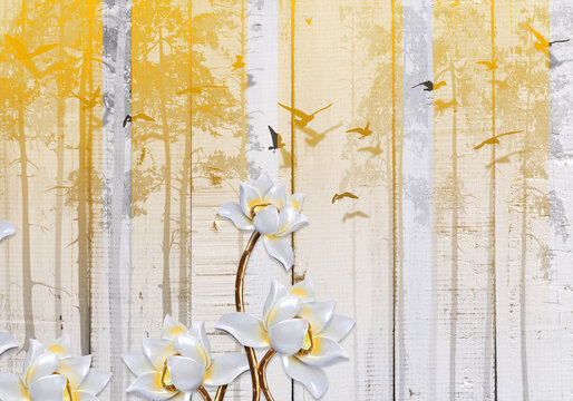 wooden background with white lotus flowers for wall decoration 