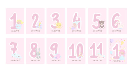 Baby milestone cards. First months cards. Baby shower invitation. Newborn girl cards, stickers. Vector illustration. Children cards first 12 months. Pink background, princess, unicorn
