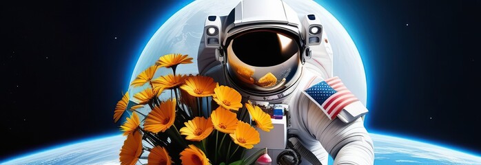 Banner Astronaut in Spacesuit with a Festive Bouquet of Flowers in his Hands in Space. Illustration Concept for Celebrating Cosmonautics Day. Space Exploration, Satellite Launch, Flight to the Moon