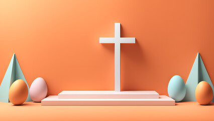 Colorful Easter eggs and Christian cross against vivid orange backdrop. Capturing the essence of Good Friday and Easter in a modern context. - obrazy, fototapety, plakaty