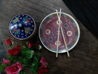 Vintage dish and chopsticks