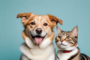 A dog and a cat smiling affectionately. Generative AI
