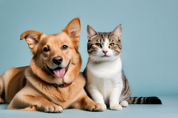 A dog and a cat smiling affectionately. Generative AI
