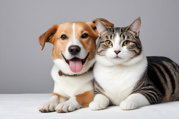 A dog and a cat smiling affectionately. Generative AI