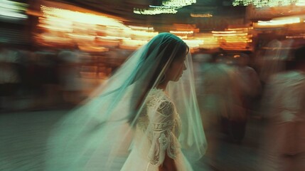 Isolated Journey: Amidst the celebratory blur and the crowd's clamor, a girl walks alone in her bridal attire.