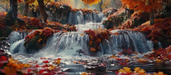 Fall scenery in a river's waterfall.