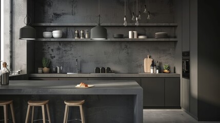 Minimalist Kitchen with Concrete Countertop and Black Cabinets
