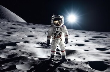 an astronaut walks on the planet. surface of the moon. exploring outer space. Cosmonautics Day. first manned flight into space - obrazy, fototapety, plakaty