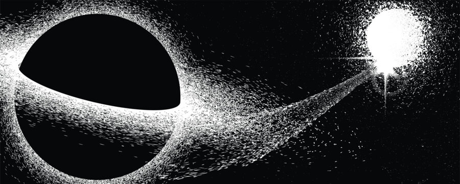 Black hole with disc of plasma eating dying star in space. Supermassive singularity in core off a galaxy, with noise texture . Event horizon .Vector illustration