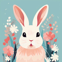 Drawing illustration funny cut easter bunny with flowers