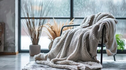 An armchair with a warm blanket against the background of a window. Rainy weather. Cozy interior. Quiet luxury concept