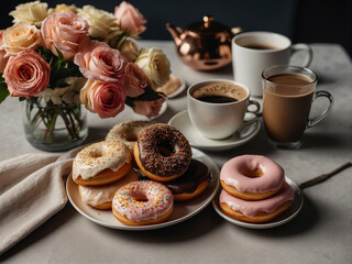Steaming cup of coffee with a donut perfect for a delicious morning breakfast