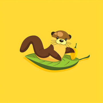 A logo illustration of an otter floating on a leaf on a yellow background. Created with generative AI.