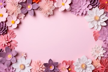 Fototapeta na wymiar A creative frame made of intricate paper flowers in shades of pink, with a central space for design or text.