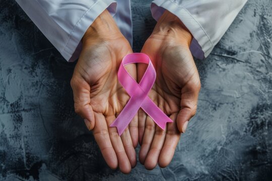 A healthcare provider's hands carefully hold a pink ribbon, symbolizing support for breast cancer awareness.