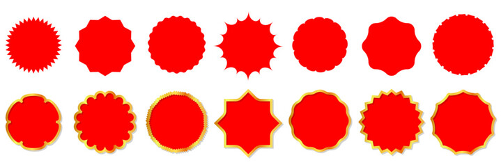 A set of red starburst stickers. Price tag, starburst, quality mark, price sticker, sale sticker, and retro silhouette. Retro sunburst sale badge, quality indicators, and sale symbols.