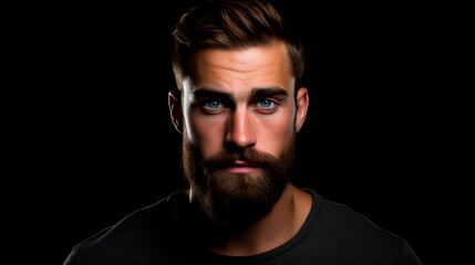Fototapeta premium Portrait of a brutal man with blue eyes in a black T-shirt on a black isolated background. A stylish, well-groomed young man with a beard and mustache.