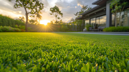 A luxury home backyard with a beautiful lawn at sunset.