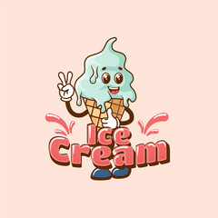 Ice cream and sprinkles. Retro mascots in cartoon style.Fun retro style dessert mascot for cafe. Vector illustration