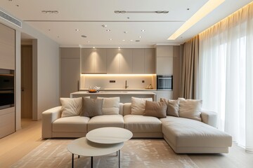 Fototapeta na wymiar Interior design of a spacious, bright apartment in a modern style and warm pastel white and beige colors. Quiet luxury concept