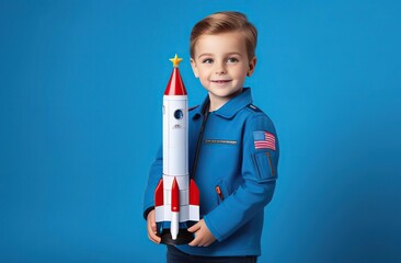 banner for Cosmonautics Day. Small child, boy holding toy rocket on blue studio background. first manned flight into space.