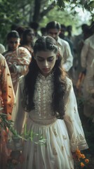 Obraz premium Solitary March: Clad in bridal finery, a girl walks a solitary path through the well-wishers.
