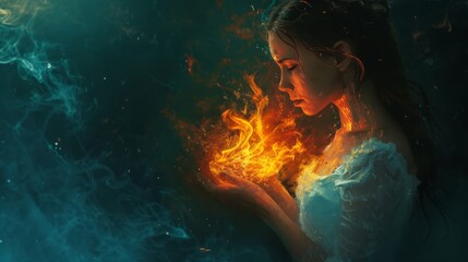 A figure in white with a flame is presented, showcasing translucent immersion in dark cyan and orange hues, trapped emotions, and a photorealistic pastiche.