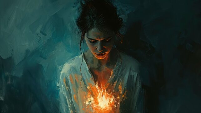 A figure in white with a flame is presented, showcasing translucent immersion in dark cyan and orange hues, trapped emotions, and a photorealistic pastiche.