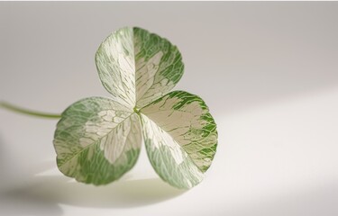 A leaf in the shape of a four-leaf clover is presented, featuring precisionist aesthetics in light white and emerald hues, embodying happycore aesthetics.