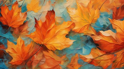 Abstract oil painting of colorful leaves in orange, red, yellow. Illustration hand painted, autumn nature, autumn season.