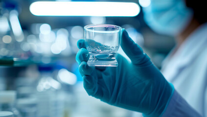 A figure is holding a small glass in their glove lab, captured with tilt shift in light gray and azure hues, featuring a close-up view and medicalcore aesthetics.