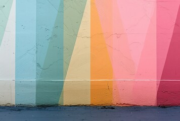 A simple colorful art pattern on a pastel-colored wall, featuring multi-layered geometry, animated shapes, layered surfaces, subtle pastel hues, and bright color blocks.