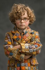 Young curly boy wearing cute modish jacket and glasses. Kid looking as adult. Professional studio photo.
