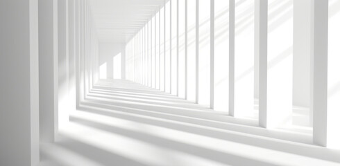 An abstract white light reflection against a white background, featuring naturalistic shadows, striped compositions, god rays, and minimalistic metal sculptures.