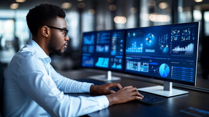 Focused man analyzing data on multiple computer screens in a high-tech workspace.
