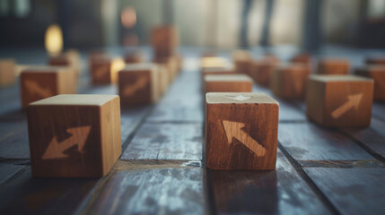 Arrowing symbols on wooden blocks on a table, featuring clean minimalist lines in a grid layout, suggesting long distance and deep distance in sky-blue hues. - obrazy, fototapety, plakaty