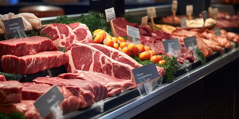 slices of roast beef on a fresh red table, processed roast beef and so, there is empty space for text, greetings, wallpaper, posters, advertisements, etc