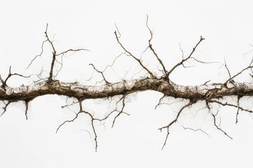 Cracks in a natural twig on a white background, captured from a bird's-eye view, showcasing organic realism in light brown hues.