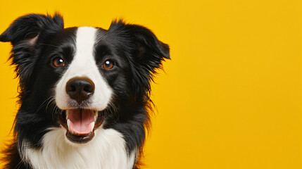 Border Collie isolated on a yellow background.