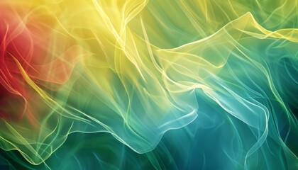 An abstract background in green, yellow, red, and blue hues is presented, embodying the aesthetics of neon hallucinations in light emerald and light azure tones. - obrazy, fototapety, plakaty