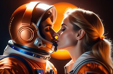 Kiss of an astronaut and his girlfriend. Illuminated by sunlight orange light. Cosmonautics Day. first manned flight into space.