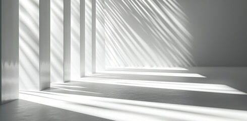 Fototapeta premium Light moving vertical lines on a white and contrasting background, featuring naturalistic shadows, pristine geometry, long lens, and minimalistic metal sculptures.