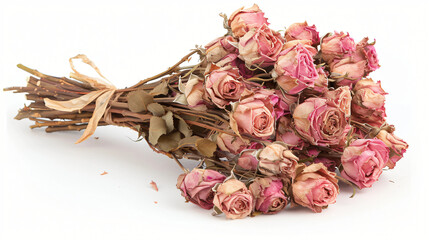 Bouquet of dried pink roses isolated on white.