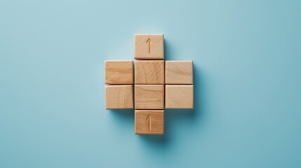 Obraz premium Wooden blocks with an arrow at the bottom, featuring minimalist grids in sky-blue hues, embodying minimalist precision, socially engaged work, and the use of common materials.