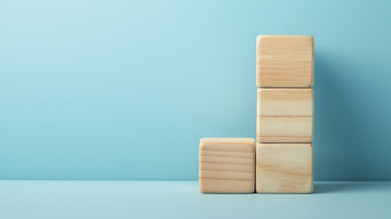Wooden blocks with an arrow at the bottom, featuring minimalist grids in sky-blue hues, embodying minimalist precision, socially engaged work, and the use of common materials.