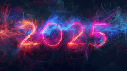 Happy New Year 2025, bright pink neon typography numbers design over dark blue background - obrazy, fototapety, plakaty